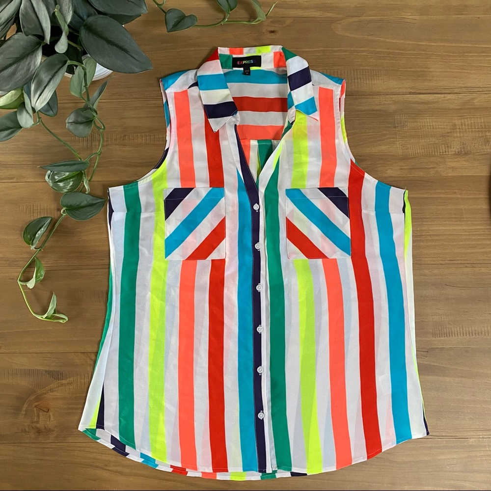 Express Rainbow Striped Sleeveless Button Up Top
